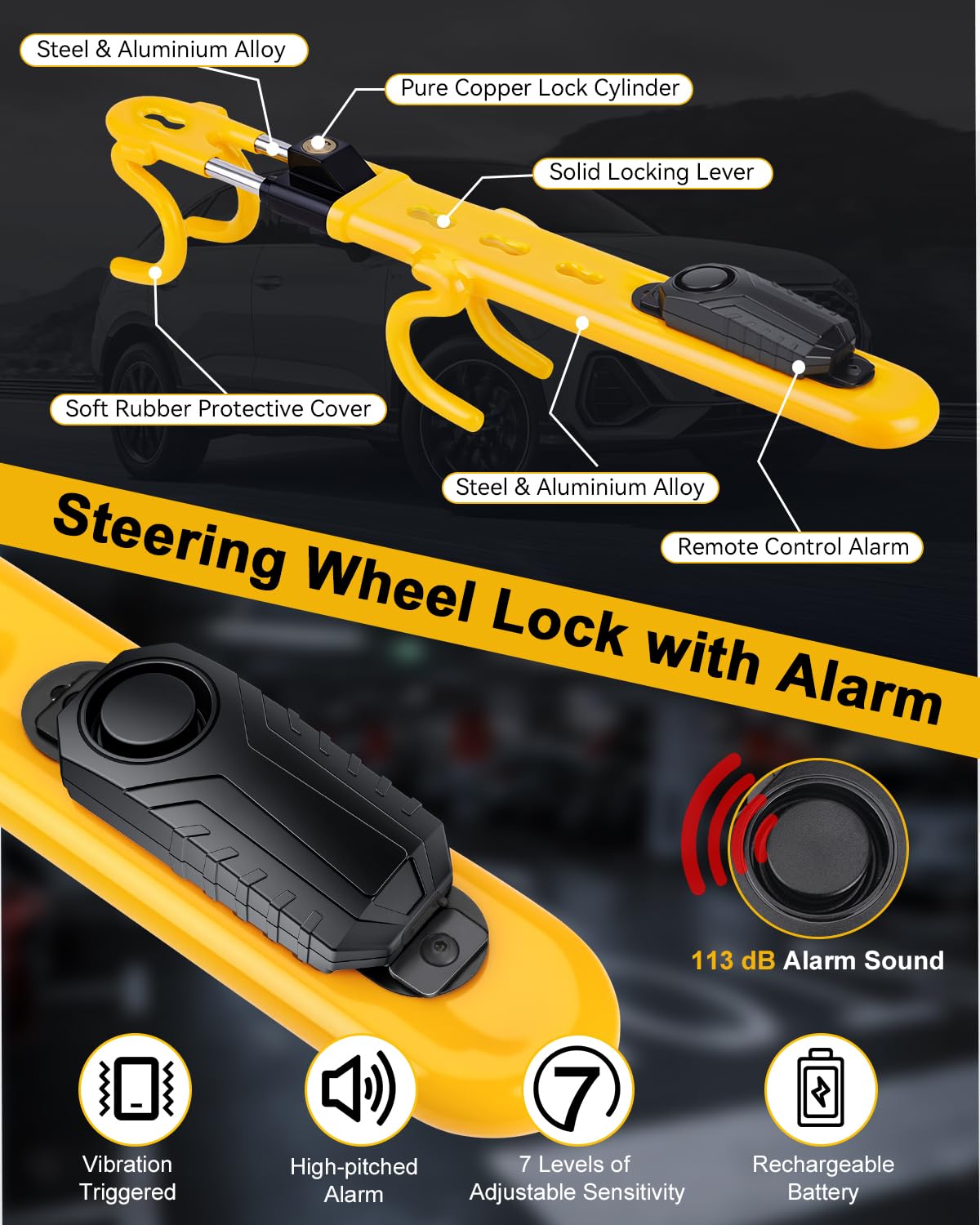 Steering Wheel Lock With 113Db Alarm, Electop Heavy Duty Anti-Theft Car Device Car Wheel Lock With Adjustable Locking And 3 Keys